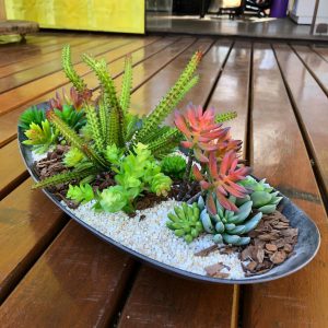 Vaso canoa com arranjo de suculentas permanentes